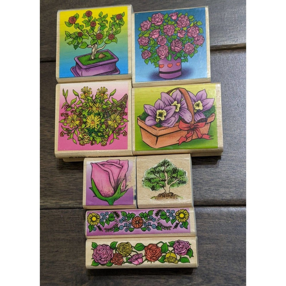Vintage 1999 lot sky kids Rubber stamp basket flower floral roses tree